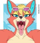 animal_crossing anthro audie_(animal_crossing) blue_eyes blue_inner_ear bodily_fluids brown_nose canid canine canis countershade_face countershade_neck countershade_torso countershading digital_drawing_(artwork) digital_media_(artwork) eyewear eyewear_on_head female front_view fur glasses glasses_on_head hi_res imminent_vore looking_at_viewer mammal mouth_shot nintendo open_mouth pink_tongue red_body red_fur redblast saliva smile solo sunglasses tan_body tan_countershading tongue uvula wolf