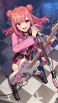  1girl :d absurdres ahoge asymmetrical_legwear audio_cable black_choker black_footwear blurry blurry_background blush boots cable checkered_floor choker cross-laced_footwear double_bun electric_guitar fishnet_pantyhose fishnets from_above guitar hair_bun haruka_mikoto highres holding holding_microphone instrument jacket kaito_(k4itoh) looking_at_viewer medium_hair microphone microphone_cord microphone_stand mismatched_legwear multicolored_hair music open_clothes open_jacket open_mouth pantyhose pink_hair pink_jacket plectrum purple_eyes singing single_fishnet_legwear single_thighhigh smile solo standing streaked_hair thighhighs two-tone_hair utagoe_housoubu virtual_youtuber white_hair 