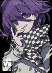  1boy belt black_background black_scarf buttons checkered_clothes checkered_scarf commentary copyright_name danganronpa_(series) danganronpa_v3:_killing_harmony double-breasted fingernails grin hair_between_eyes hand_on_own_face head_tilt highres jacket long_sleeves male_focus multicolored_background oma_kokichi purple_eyes purple_hair sameyama_jiro scarf short_hair simple_background smile solo two-tone_scarf upper_body white_belt white_jacket white_scarf wrist_belt 