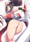  1girl armpits ass breasts brown_hair clash_kuro_neko collarbone fatal_fury hand_fan high_ponytail highres holding holding_fan looking_at_viewer looking_back pelvic_curtain revealing_clothes shiranui_mai smile solo the_king_of_fighters thighs 