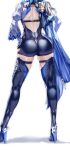  1girl ass ass_focus back back_cutout blue_capelet blue_hair bodysuit boots capelet clothing_cutout commentary eula_(genshin_impact) facing_away genshin_impact hand_on_hip head_out_of_frame high_heels highres hip_focus skindentation solo standing thigh_boots thigh_strap thighhighs uenoryoma 