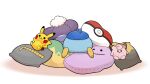  banette character_print clefairy commentary_request creature cushion ditto drifblim from_behind morpeko morpeko_(full) no_humans numel official_art pikachu piplup poke_ball_print pokemon pokemon_(creature) project_pochama solo toes white_background 