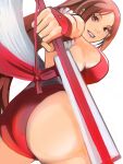  1girl ass breasts brown_eyes fatal_fury folded_fan folding_fan hand_fan highres holding holding_fan japanese_clothes large_breasts lips long_hair meke_(77842928) ninja parted_bangs pink_lips shiranui_mai sideboob simple_background smile snk solo teeth the_king_of_fighters white_background 