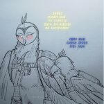  armor avian barn_owl battle_claws beak bird blu_(rio) blue_sky_studios claws drawing duo feathered_wings feathers female feral hi_res izel_(blu_waifu) macaw male male/female neotropical_parrot owl parrot rio_(series) signature sketch spanish_text spix&#039;s_macaw suvelza text traditional_media_(artwork) true_parrot tyto tytonid wings 