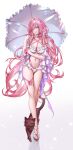  1girl absurdres alternate_costume bare_legs bare_shoulders bikini breasts cat commentary elysia_(herrscher_of_human:ego)_(honkai_impact) elysia_(honkai_impact) english_commentary groin highres honkai_(series) honkai_impact_3rd large_breasts leg_ribbon long_hair looking_at_viewer navel off-shoulder_bikini off_shoulder pink_hair pink_lips pink_ribbon pointy_ears purple_eyes ribbon ringeko-chan sandals simple_background skindentation smile solo stomach swimsuit thighs umbrella very_long_hair white_background white_bikini white_umbrella 