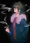  1boy black_background blue_jacket brown_hair chinese_commentary cigarette commentary_request from_side fur-trimmed_jacket fur_trim green_eyes hair_between_eyes hand_in_pocket highres holding holding_cigarette isoi_reiji jacket male_focus open_clothes open_jacket red_shirt saibou_shinkyoku shirt short_hair simple_background smoke solo upper_body ye_(wannianbuzijihuatouxiangdewozhongyuhualeyici) 