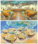  artist_request blue_sky border building circle day field final_fantasy final_fantasy_xiv floating_island from_above no_humans official_art outdoors plant_roots scenery sky third-party_source tree white_border 