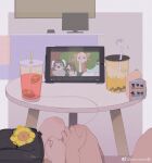  2boys absurdres bara bubble_tea couch couple from_above highres indoors ipad kn_(10112650) male_focus multiple_boys on_couch on_table original pov pov_hands sitting table tablet_pc television yaoi 