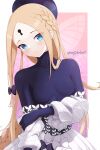  1girl abigail_williams_(event_portrait)_(fate) abigail_williams_(fate) black_hat black_shirt blonde_hair blue_eyes blush bodystocking bow braid braided_ponytail breasts dress dress_bow fate/grand_order fate_(series) forehead hat highres keyhole long_hair long_sleeves looking_at_viewer motokebo17 off_shoulder parted_bangs parted_lips shirt sidelocks small_breasts solo very_long_hair white_dress 