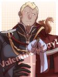  1boy animal_on_shoulder bara benny_(fire_emblem) black_gloves blonde_hair blush buzz_cut dark-skinned_male dark_skin facial_hair fire_emblem fire_emblem_fates gloves goatee light_smile long_sideburns looking_to_the_side male_focus mature_male military military_uniform muscular muscular_male nonbiri_monban pectorals scar scar_on_face scar_on_forehead short_hair sideburns solo squirrel uniform upper_body valentine very_short_hair 