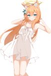  1girl absurdres animal_ear_fluff animal_ears blue_archive blue_eyes blush breasts cat_ears closed_mouth dress feet_out_of_frame hair_between_eyes halo highres kabocya_na long_hair looking_at_viewer mari_(blue_archive) orange_hair simple_background sleeveless sleeveless_dress small_breasts smile solo white_background white_dress yellow_halo 