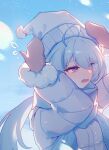  1girl absurdres ahoge blue_coat blue_hair blue_scarf blue_sky blush coat eyes_visible_through_hair griseo griseo_(starry_impression) hat highres holding holding_clothes holding_hat honkai_(series) honkai_impact_3rd long_hair open_mouth purple_eyes scarf silence_(pixiv18541142) sky snowball snowball_fight solo white_hat winter winter_clothes winter_gloves 
