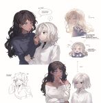  2girls :o absurdres adjusting_another&#039;s_hair bags_under_eyes bare_shoulders black_hair black_shirt black_undershirt blue_eyes braid breasts chibi cleavage collared_shirt cropped_torso curly_hair dark-skinned_female dark_skin dress_shirt dungeon_meshi eating elf flustered frown genderswap genderswap_(mtf) grey_hair hair_over_one_eye half_updo hand_up highres holding holding_spoon kabru korean_commentary korean_text large_breasts lella_nyam long_hair long_sleeves looking_at_another mithrun multiple_girls multiple_views notched_ear off_shoulder pointy_ears puff_of_air shirt short_hair simple_background smile spoon uneven_eyes v-neck white_background white_hair white_shirt 