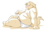2024 anthro belly blush canid canine canis censored clothing domestic_dog genitals kemono male mammal moobs namihira_kousuke navel nipples overweight overweight_male penis simple_background sitting solo takagi_kyou trouble_(series) underwear