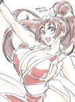  1girl breasts brown_eyes brown_hair fatal_fury high_ponytail highres looking_at_viewer ninja open_mouth revealing_clothes shiranui_mai smile solo the_king_of_fighters white_background yanada_kiyorin 