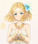  1girl anniversary armpit_crease bare_shoulders blonde_hair blue_flower braid closed_mouth commentary crown_braid dress english_commentary eyelashes flower green_eyes hair_flower hair_ornament highres own_hands_clasped own_hands_together pointy_ears princess_zelda safermii short_hair simple_background smile solo strapless strapless_dress the_legend_of_zelda the_legend_of_zelda:_breath_of_the_wild upper_body white_background white_dress 
