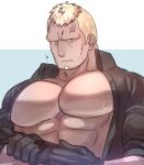  1boy ? abs adjusting_clothes adjusting_gloves bara bare_pectorals benny_(fire_emblem) black_gloves black_shirt blonde_hair buzz_cut casual collared_shirt dark-skinned_male dark_skin facial_hair fire_emblem fire_emblem_fates frown gloves goatee large_pectorals long_sideburns looking_at_viewer male_focus mature_male muscular muscular_male nipples nonbiri_monban open_clothes open_shirt pectorals scar scar_on_face scar_on_forehead shirt short_hair sideburns solo upper_body very_short_hair 