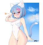  1girl :/ animal_ear_fluff animal_ears arm_at_side artist_name bare_arms bare_shoulders blue_eyes blue_hair blue_sky border breasts cameltoe cat_ears cat_girl cat_tail closed_mouth cloud colored_eyelashes covered_navel covered_nipples cowboy_shot dated expressionless groin hair_between_eyes hair_ornament hairclip half-closed_eyes hand_up highleg highleg_leotard impossible_clothes impossible_leotard leotard light_blush looking_at_viewer medium_breasts nekobao original outside_border partially_visible_vulva red_eyes short_hair sideways_glance sky solo star_(symbol) tail tail_raised v wet white_leotard wide_hips x_hair_ornament 