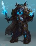  1boy absurdres alexeykruglov armor arthas_menethil blue_eyes cape chaos_(warhammer) character_name crown daemon_primarch demon english_commentary frostmourne full_body fur_cape gauntlets glowing glowing_eyes glowing_sword glowing_weapon greaves helmet highres holding holding_sword holding_weapon looking_at_viewer male_focus pelvic_curtain primarch skull solo spiked standing sword warcraft warhammer_40k weapon 