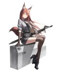  1girl absurdres animal_ear_fluff animal_ears arknights asymmetrical_legwear belt black_belt black_footwear black_skirt brown_gloves brown_hair brown_pantyhose brown_thighhighs closed_mouth collared_shirt commentary elbow_gloves floating_hair fox_ears fox_girl fox_tail franka_(arknights) gloves grey_shirt high_heels highres lanyard light_blush long_hair looking_at_viewer miniskirt pantyhose pencil_skirt sam_browne_belt sheath sheathed shirt shoes signature simple_background single_leg_pantyhose single_thighhigh sitting skirt sleeves_rolled_up smile solo split_mouth sword tail thighhighs uneven_legwear vladislav_ton weapon white_background yellow_eyes 