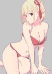  1girl a05867430 absurdres arm_support bare_shoulders bikini blonde_hair bob_cut breasts cleavage closed_mouth grey_background hair_ribbon highres large_breasts leaning_to_the_side lycoris_recoil navel nishikigi_chisato one_side_up red_bikini red_eyes red_ribbon ribbon short_hair simple_background sitting solo stomach strap_slip swimsuit thighs 