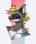  absurd_res ambiguous_gender anthro artist_name blonde_hair bust_portrait canid cheek_tuft ear_piercing facial_tuft fangs front_view fur gauged_ear green_eyes green_sclera grey_body grey_fur grin hair hi_res mammal marie_merkh messy_hair notched_ear piercing portrait simple_background smile solo teeth tuft white_body white_fur 