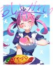  1girl :q absurdres ahoge anchor_symbol back_bow blue_background blue_bow blue_bowtie blue_dress blue_hair blue_ribbon blunt_bangs bow bowtie cleavage_cutout closed_eyes clothing_cutout colored_inner_hair commentary_request dongchuan dress dress_bow fanged_bangs food food_on_face food_writing foreground_text framed_breasts frilled_dress frills hair_ribbon half-heart_hands half_up_braid heart highres holding holding_plate hololive ketchup large_bow long_hair maid_headdress minato_aqua minato_aqua_(1st_costume) multicolored_hair omelet omurice plate polaroid puffy_short_sleeves puffy_sleeves purple_hair ribbon short_sleeves solo streaked_hair tongue tongue_out twintails two-tone_hair virtual_youtuber white_bow wrist_cuffs 