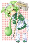  1girl animal_ears bandaid bandaid_on_knee bandaid_on_leg blush flying_sweatdrops full_body green_hair high_collar highres holding holding_mop jacket jersey_maid leaning_to_the_side long_hair long_sleeves loose_socks low_ponytail maid maid_headdress mop open_mouth ralico socks solo teeth track_jacket unconventional_maid upper_teeth_only very_long_hair voicevox yellow_eyes zipper zipper_pull_tab zundamon 