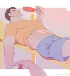  2boys bara bottle clothes_lift facial_hair feet_out_of_frame food highres ice_cream kn_(10112650) large_pectorals male_focus multiple_boys muscular muscular_male navel original pectorals profile shirt shirt_lift shorts sideburns_stubble sideways_glance smile solo_focus stomach stubble t-shirt thick_eyebrows water_bottle yaoi 