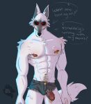  absurd_res anthro blush bodily_fluids bulge canid canine canis clothed clothing colored death_(puss_in_boots) digital_drawing_(artwork) digital_media_(artwork) dreamworks english_text erection fur genital_fluids genital_piercing genitals hi_res looking_at_viewer male mammal nipple_piercing nipples penis penis_piercing piercing puss_in_boots_(dreamworks) red_eyes shaded simple_background small_waist solo taesponja tail text white_body white_fur wolf 
