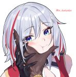  1girl :t diamond-shaped_pupils diamond_(shape) dyadyadya gradient_eyes grey_hair hand_on_another&#039;s_cheek hand_on_another&#039;s_face highres honkai:_star_rail honkai_(series) jade_(honkai:_star_rail) multicolored_eyes multicolored_hair portrait puffy_cheeks simple_background solo_focus streaked_hair symbol-shaped_pupils topaz_(honkai:_star_rail) white_background 