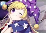  1girl blonde_hair clownpiece hat keiki8296 purple_eyes smile solo star_(symbol) wings 