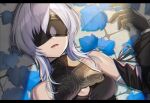  10h_(nier_reincarnation) 1girl bare_shoulders black_blindfold black_gloves blindfold blue_leaf breasts cleavage_cutout clothing_cutout gloves highres letterboxed long_hair lying medium_breasts mile_t0r0 mole mole_under_mouth nier_(series) nier_reincarnation on_back open_mouth sleeveless solo white_hair 