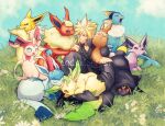  1boy :d armor belt blonde_hair blue_eyes closed_mouth cloud_strife eevee espeon evolutionary_line final_fantasy final_fantasy_vii final_fantasy_vii_advent_children flareon fluffy forked_tail glaceon grass highres holding holding_pokemon jolteon leafeon male_focus multiple_belts on_shoulder open_mouth outdoors pants petting pokemon pokemon_(creature) pokemon_on_shoulder prehensile_ribbon rukashio shirt shoulder_armor single_shoulder_pad sitting smile spiked_hair sylveon tail umbreon vaporeon yawning 