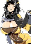  1girl black_hair blush bodysuit breasts club3 fingerless_gloves gloves grey_eyes highres huge_breasts leaning_forward long_hair looking_at_viewer multicolored_bodysuit multicolored_clothes siris_(snowbreak) skin_tight skindentation snowbreak:_containment_zone solo white_background 