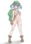  1girl absurdres areolae backpack bag bare_shoulders blue_eyes blue_hair blush boots brown_footwear brown_gloves closed_mouth collarbone eyebrows_visible_through_hair female_pubic_hair full_body gloves green_headwear hair_bobbles hair_ornament hat highres kawashiro_nitori legs_apart littiecy looking_at_viewer navel nipples pubic_hair pussy see-through short_twintails simple_background smile solo sports_bra standing stomach thighhighs touhou twintails underwear white_background white_legwear 