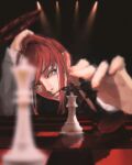  1girl absurdres board_game braid chainsaw_man chess chess_piece chessboard closed_mouth formal halo hand_on_own_head highres hqls long_sleeves makima_(chainsaw_man) playing_games red_hair ringed_eyes shirt sidelocks solo suit white_shirt yellow_eyes 