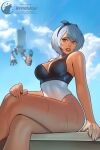  1girl 2b_(nier:automata) artist_logo artist_name astrowolf blue_eyes blue_sky bob_cut bottle breasts cleavage_cutout clothing_cutout cloud crossed_legs english_commentary hairband highres holding holding_bottle large_breasts leotard lotion_bottle mole mole_under_mouth nier:automata nier_(series) on_bench outdoors parted_lips pod_(nier:automata) robot short_hair sitting sky solo teeth thighs two-tone_leotard wet white_hair 
