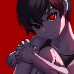 1boy bare_arms bare_legs bare_shoulders black_hair black_sweater_vest closed_mouth expressionless glowing glowing_eye omori red_background red_eyes red_streaks shirt short_hair sitting sleeveless sleeveless_shirt solo sunny_(omori) sweater_vest user_cfak5832 
