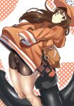  1girl anchor backpack bag bike_shorts boots brown_eyes brown_hair cameltoe commentary_request from_side guilty_gear guilty_gear_strive hands_in_pockets hat highres hood hood_down hoodie leaning_back long_hair long_sleeves looking_at_viewer may_(guilty_gear) orange_footwear orange_headwear orange_hoodie parted_lips ramanda solo 