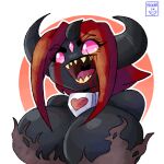  bestia_(tboi) big_breasts black_body black_skin breasts collar demon female hair horn huge_breasts humanoid hyper hyper_breasts jewelry moonix_xero necklace open_mouth pink_eyes red_hair sharp_teeth smile solo teeth the_beast_(the_binding_of_isaac) the_binding_of_isaac_(series) 