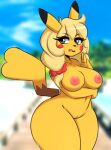 2024 accessory anthro anthrofied areola arm_under_breasts big_breasts blonde_hair blurred_background bow_ribbon breasts eyebrows eyelashes female fur generation_1_pokemon genitals grey_eyes hair hair_accessory hair_bow hair_ribbon hi_res i_am_kat95 looking_at_viewer nintendo nipples nude pikachu pokemon pokemon_(species) pokemorph pussy ribbons solo thick_thighs wide_hips yellow_body yellow_fur