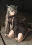  1girl absurdres animal_ears arknights black_jacket black_shorts breasts full_body gloves grey_eyes grey_hair hair_between_eyes hair_ornament hairclip high_collar highres jacket lappland_(arknights) leaning_forward long_hair long_sleeves looking_at_viewer on_floor scar scar_across_eye scar_on_face shadow short_shorts shorts single_glove sitting solo sword sword_hilt tail tararelux weapon wolf_ears wolf_girl wolf_tail 