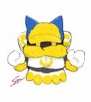  1boy backpack bag belt cosplay ginkgo_guild_uniform kirby_(series) looking_at_viewer magolor male_focus pokemon pokemon_legends:_arceus rayman_limbs signature simon_(kabo_chips) simple_background solo volo_(pokemon) volo_(pokemon)_(cosplay) white_background yellow_eyes 