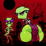  alien alien_humanoid antennae_(anatomy) big_butt blush butt clenched_teeth clothed clothing covering covering_self cross-popping_vein eyelashes female gesture green_blush green_body green_skin hand_gesture huge_butt humanoid invader_zim irken long_antennae looking_at_viewer looking_back looking_back_at_viewer markings mole_(marking) mole_on_butt nanodude78 nickelodeon nude purple_eyes rear_view solo tak_(invader_zim) teeth thick_eyelashes thick_thighs thumbs_up wide_hips yellow_teeth 