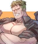  1boy bara bare_pectorals black_gloves blonde_hair blush character_request fire_emblem gloves green_hair grin jacket jacket_on_shoulders large_pectorals looking_at_viewer male_focus muscular muscular_male nipples nonbiri_monban open_clothes open_jacket pectoral_press pectorals short_hair sideburns smile solo undercut upper_body 