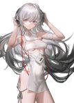  1girl arm_strap armpits arms_up bangs bare_shoulders black_hair breasts brown_eyes covered_navel cowboy_shot digital_media_player gradient_hair hands_on_headphones headphones highres long_hair looking_at_viewer multicolored_hair original parted_lips reoen revealing_clothes side_slit silver_hair simple_background small_breasts smile solo underboob very_long_hair white_background 