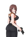  absurdres blue_eyes briar_(gamingsentry) brown_hair fde from_behind gun handgun highres holding holding_weapon holster knife knife_sheath looking_at_viewer non-web_source original pants s&amp;w_m&amp;p sheath shoulder_holster smith_&amp;_wesson sports_bra weapon yoga_pants 