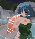  1girl animal_penis bar_censor blue_eyes blue_hair breasts censored collarbone fins green_kimono head_fins heart highres japanese_clothes kimono large_breasts long_sleeves mermaid monster_girl nipples parted_lips partially_submerged penis short_hair solo touhou uisu_(noguchipint) wakasagihime water wide_sleeves 