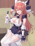  1girl 2_(ninininni) alcohol animal_ears apron azur_lane bottle breasts cat_ears cheshire_(azur_lane) cheshire_(azur_lane)_(cosplay) cleavage commission cosplay detached_sleeves fake_animal_ears frilled_hairband frills from_above hair_between_eyes hairband highres holding holding_bottle indoors large_breasts long_hair looking_at_viewer maid_headdress one_eye_closed orange_hair pixiv_commission puffy_detached_sleeves puffy_sleeves purple_apron sitting solo thighhighs vodka volga_(azur_lane) white_thighhighs yellow_eyes 